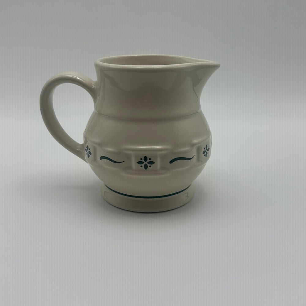 Longaberger Pottery Woven Traditions Ivory Creamer Pitcher Dark Green USA Made